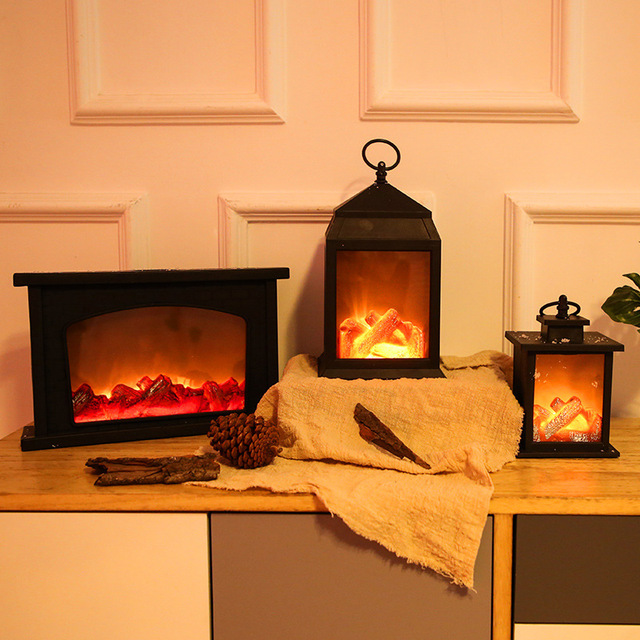 Creative Led Flame Flickering Carbon Fireplace Lantern Wind Lamp for Home Decoration Christmas Gift Landscape Atmosphere Ambient