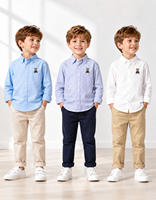 Chemise Classique Garçon 2026 à Manches Longues 100% Coton Broderie Ours Boutonnée Style Preppy Scolaire Formel Décontracté Haut Enfant 3 Couleurs