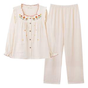 Set di <span class=keywords><strong>pigiami</strong></span> Casual da <span class=keywords><strong>donna</strong></span> in cotone Cloud primavera autunno camicie da notte con bordo a volant con stampa floreale - Product Image 5