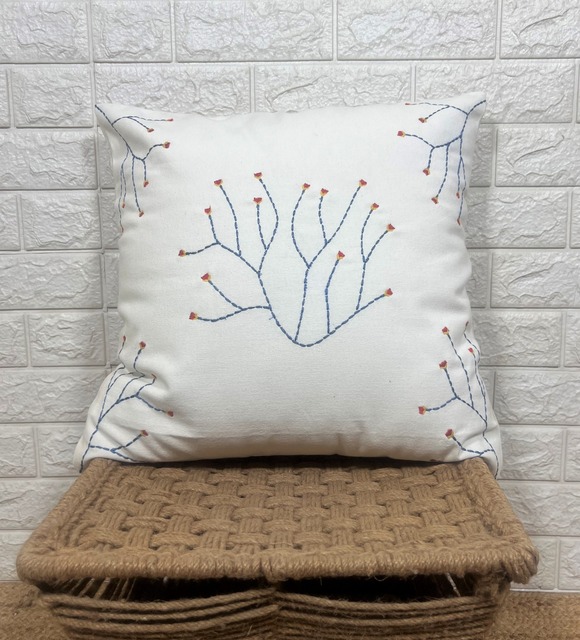 Square Embroidered Cotton Cushion Cover with Plant Pattern Nordic Style Decorative Pillowcase