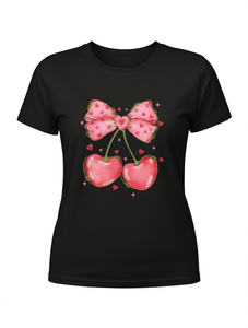 T-shirt da donna a maniche corte con stampa fiocco ciliegia per San Valentino, vestibilità regolare, girocollo, 100% cotone, stile carino primavera estate - Product Image 1