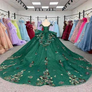Dy6953 Stunning Emerald <b>Green</b> Quinceanera Ball Gown Sweetheart Neck Vintage Appliques 3D Floral Glitter Chiffon <b>Corset</b> Dress - Product Image 5