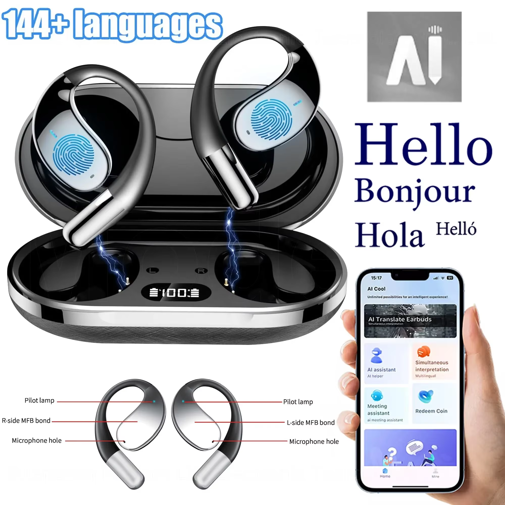 翻訳イヤホン AI言語翻訳イヤホン 旅行用144言語 グレー YYK Q39 AI Language Translator Earbuds for 144 Languages