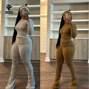 Bộ đồ mặc nhà hai mảnh L1229 thiết kế riêng, thời trang nữ, áo dài tay, quần ống loe xếp ly, áo thun cổ tròn, bộ quần áo - Product Image 3