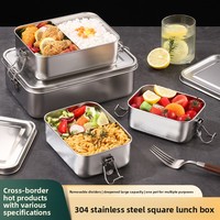 Boîte à lunch carrée moderne minimaliste en acier inoxydable 304 à double compartiment, hermétique et de qualité alimentaire pour le bureau