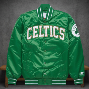 Chaqueta Bomber de Satén Casual y Elegante con Bordado Personalizado de los Celtics Verdes de Invierno, Cuello Alto, para Hombre - Product Image 3