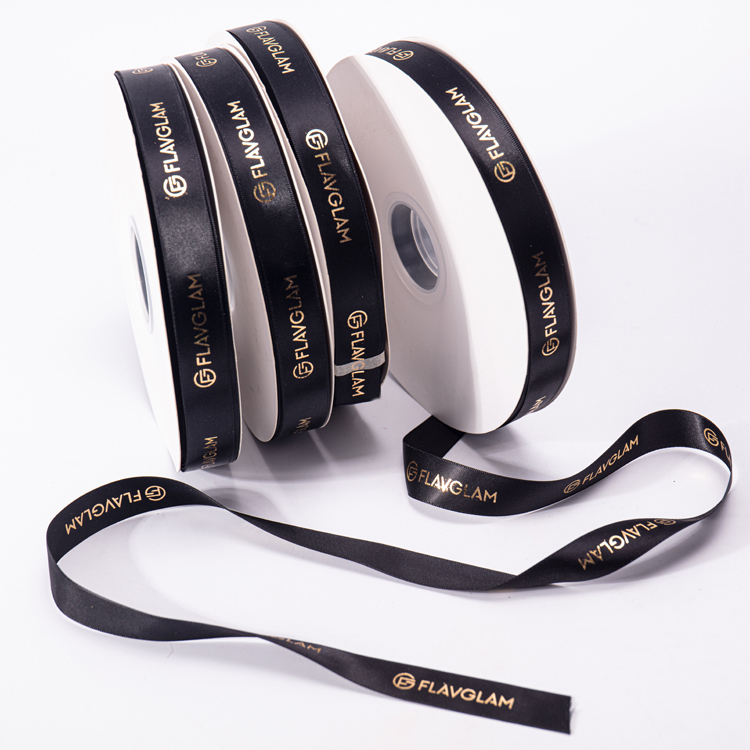Factory Custom Personalised Grosgrain Velvet Ribbon Brand Name Logo Black Satin Ribbon Tape With Gold Foil Printed Logo Image 3