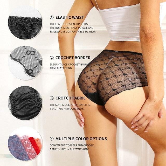 Women Sexy Hollow Transparent Lace Panties Low-waisted Ice Silk Briefs with Eyelash Trim