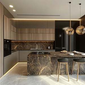 Muebles de Cocina Modernos, Gabinetes de Cocina en Forma de L de Melamina con Isla, Muebles de Cocina Modulares de MDF Inoxidable - Product Image 1