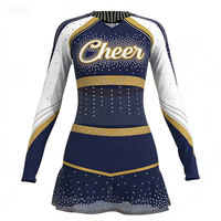 Dernier design de costume de pom-pom girl, robe de pom-pom girl en strass bleu marine et or, personnalisable pour femmes