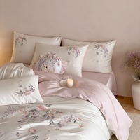 Parure de lit 4 pièces en coton longues fibres 100S rose premium, brodée motif végétal européen, 300 fils/cm²