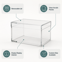 Boîte de présentation en acrylique transparente personnalisée avec couvercle amovible, vitrine pour bijoux et objets de collection, impression UV, logo OEM, organisateur de vente au détail