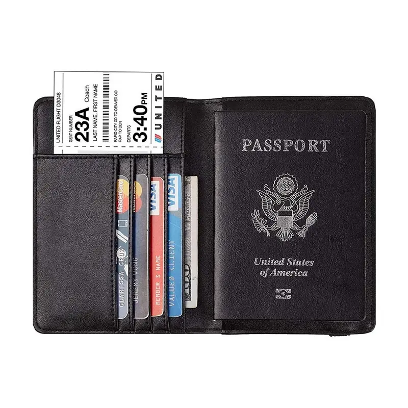 Porta-passaporte de couro PU personalizado com bloqueio de RFID para viagem porta-passaporte preço barato
