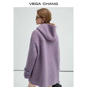 VEGA CHANG 2026 Abrigo de Lana Morado con Capucha y Hebilla de Cuerno, Estilo MIDI, para Mujeres de Baja Estatura - Product Image 5
