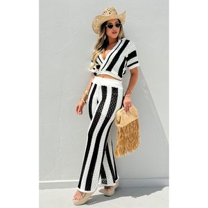Conjunto de Playa Personalizado 2026: Top Corto Calado y Pantalones a Rayas de Ganchillo, Traje de Baño de 2 Piezas con Cintura Elástica Suelta - Product Image 6