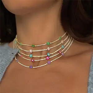 Iced Out Gold Plated Cubic Zirconia Diamond Tennis Chain Choker Women Dainty Rainbow Flower Charm Tennis Necklace With Flowers