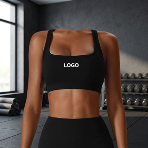 Women Solid Black Square Neck Racerback Sports Bra Medium Support Seamless Fitness Top Front Logo - Product Image 3