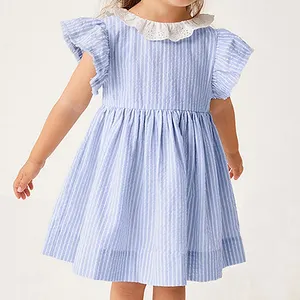 GDTEX Custom style fabric pattern Blue Color Lantern Sleeves Stripe Pattern Summer Casual Girl Kid Dress