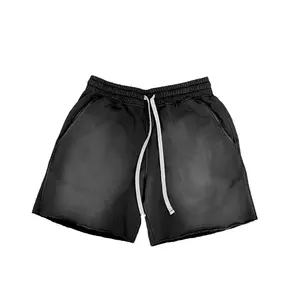 Summer Unisex Blank Cotton French Terry Vintage Short Pants Custom Baggy Raw Hem Cut Edge Acid Wash Shorts Men
