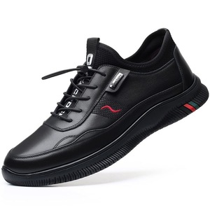 Men's Casual Leather Shoes Round Toe Lace Up Breathable Mesh Lining <b>Rubber</b> Sole British Style Black Solid Color <b>Strip</b> Decoration - Product Image 5