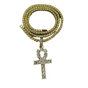 NL2049 Collar cruzado Venta caliente Bling Silver Gold Fake Diamond Tennis Cross Collar con cadenas de tenis
