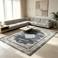Tapis de sol vintage bleu marine à motif médaillon persan, lavable, en polyester, effet vieilli, pour la décoration intérieure