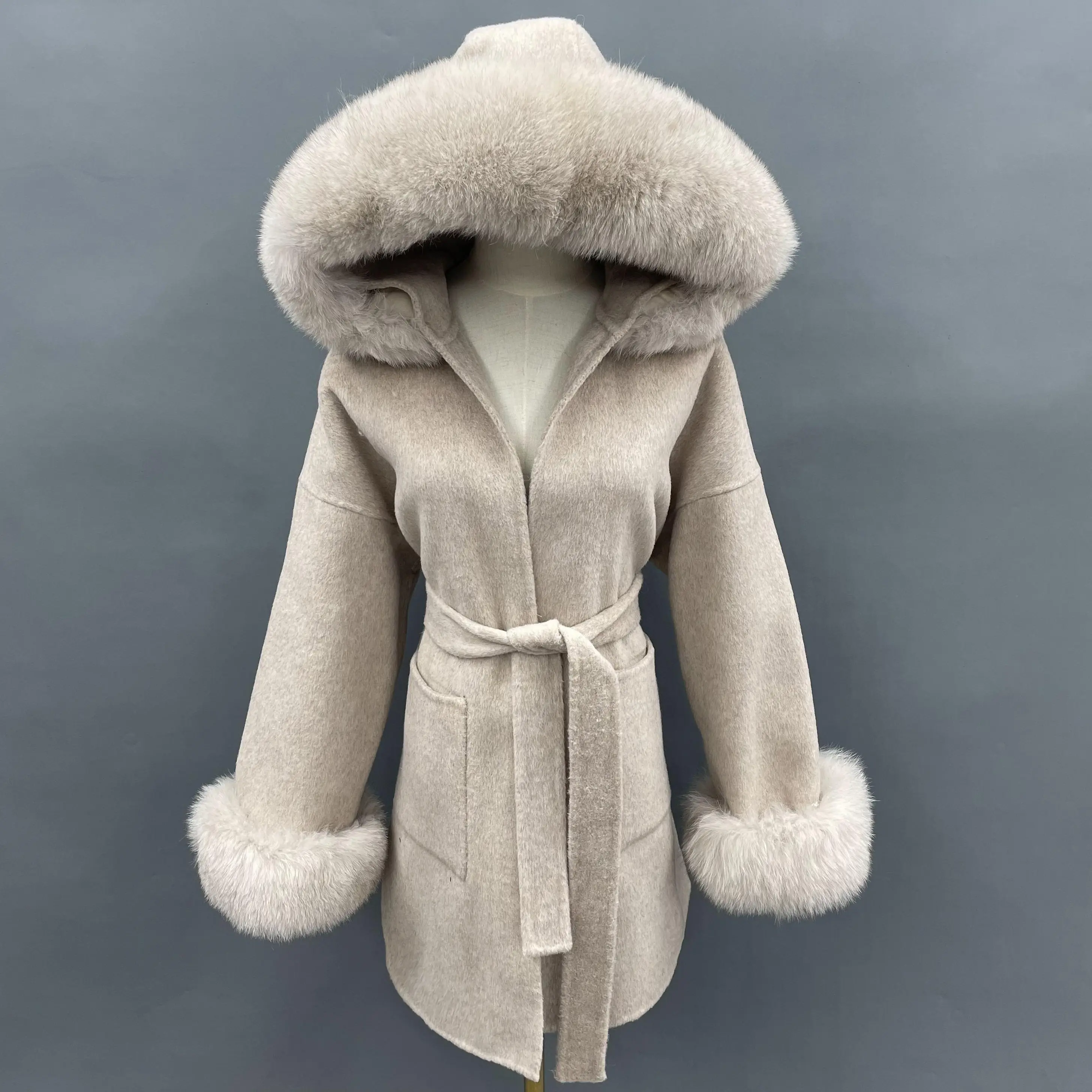 Vendita calda inverno doppio cappotto di lana donna cashmere pelliccia di volpe giacca con cappuccio cintura tessuto di lana per cappotto