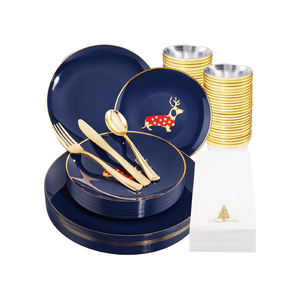 Services de vaisselle jetables <span class=keywords><strong>bleu</strong></span> <span class=keywords><strong>marine</strong></span> avec bord doré pour 100 invités lors de mariages et de fêtes – Assiettes de luxe à motifs de dessins animés - Product Image 3