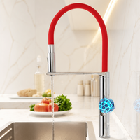 Robinet de cuisine moderne en laiton avec poignée en cristal LED rouge et chromé, rotation à 360 degrés, douchette extractible anti-éclaboussures et aérateur