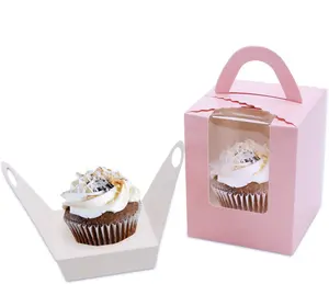 도매 사용자 정의 로고 단일 개별 컵 케이크 상자 포장 창 핸들 핑크 컬러 종이 케이크 상자 홀더 용기