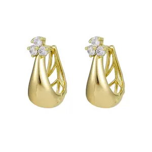 Custom Latest 18K Gold Plated Earrings Brass Fine Fashion Jewelry Luxury Zircon Flowers Hollow U-Shape Hoop Earrings For Women