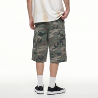 Pantaloncini Cargo Lunghi da Uomo Woodland Camo con Passanti per Cintura e Chiusura a Bottone, in Twill di Cotone Lavato Effetto Sbiadito, Modello Baggy Jorts Personalizzabile con Logo