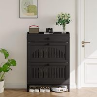 Meuble à chaussures ultra-fin noir de 9,4 po avec tiroir supérieur et 2 tiroirs basculants, étagère de rangement mince pour entrée avec portes à découpe en arche.
