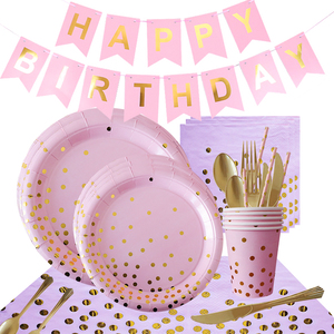 Kit de Fête d'Anniversaire Rose Doré à Pois – Ensemble Complet de Vaisselle Jetable avec Bannière, Assiettes et Gobelets pour Filles - Product Image 1