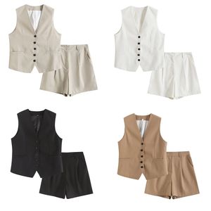 7788 Mode Couleur unie Décontracté Lin mélangé Sans manches Col en V Bouton Gilet et short Streetwear Femme Ensembles <span class=keywords><strong>2</strong></span> pièces Tenues - Product Image 6