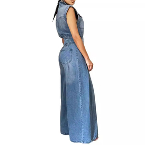 Tuta in Denim Casual ampia aderente da <span class=keywords><strong>donna</strong></span> pantaloni alti a gamba larga con colletto in piedi con bottone tinta unita pantaloni <span class=keywords><strong>Cargo</strong></span> estivi - Product Image 2