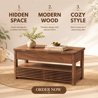 Table basse relevable à deux niveaux en noyer avec rangement dissimulé, étagère à persiennes et pieds carrés épais pour salon OEM ODM