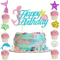 Carta di decorazione della festa della principessa della sirena, carta da tavola del dessert della stella marina, topper della torta plug-in della torta della coda di pesce della festa di compleanno