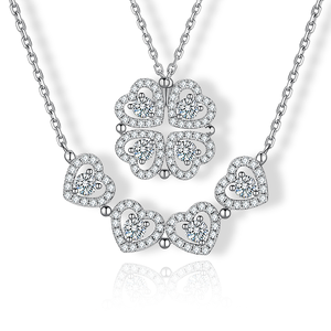 Collier en argent sterling 925 avec moissanite, 4 cœurs en forme <span class=keywords><strong>de</strong></span> trèfle, pendentif 2 en 1 - Product Image 1