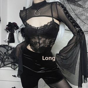Boléro gothique en maille pour <span class=keywords><strong>femme</strong></span> - Haut court <span class=keywords><strong>noir</strong></span> transparent à col montant avec manches évasées et laçage latéral pour style punk - Product Image 3