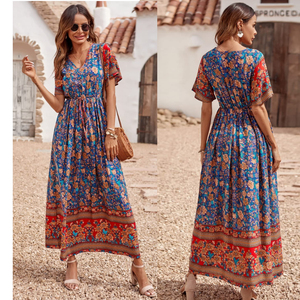2023 donna Casual estate Boho stampa floreale abito scollo a V manica corta vita alta lunghi Maxi abiti da spiaggia - Product Image 1