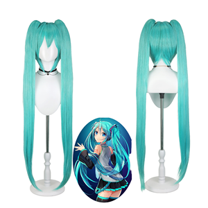 วิกผมคอสเพลย์ <span class=keywords><strong>Miku</strong></span> สำหรับงานปาร์ตี้ชุดอะนิเมะหางยาวตรงหางคู่หมวกไฟเบอร์สังเคราะห์ปรับได้สีฟ้า - Product Image 1