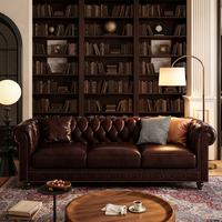 Elegantes Chesterfield-Sofa-Set mit Knopfheftung und Ottoman, 3-teiliges Wohnzimmermöbel-Set aus Leder, Dunkelbraun, getuftet