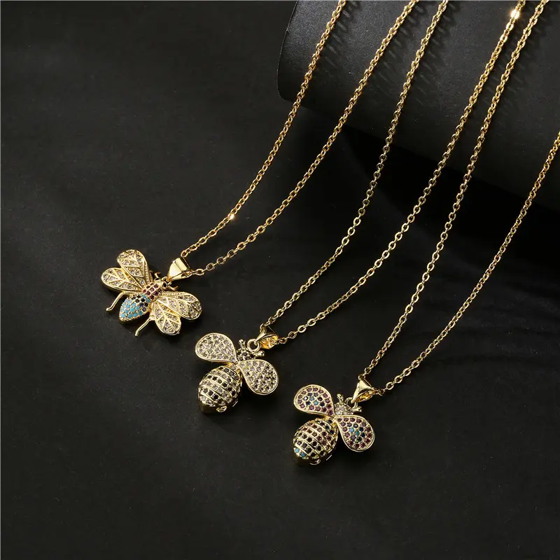 HOVANCI Antique Brass Bee Neckalce 7 Cute Animal 18K Gold Little Bee Rhinestone Pendant Necklace Women