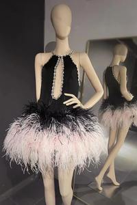 <span class=keywords><strong>QUEENS</strong></span> GOWN Princesa Falda corta Vestido Halter Rosa Pluma de avestruz Traje de escenario Vestido Desfile de moda Vestido de noche de lujo - Product Image 3