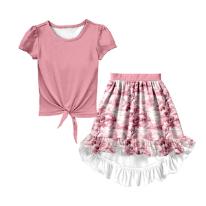 Ensemble 2 pièces décontracté en soie de lait pour filles, haut à manches courtes avec nœud et pantalon à volants asymétrique, imprimé personnalisé pour l'été - Product Image 4