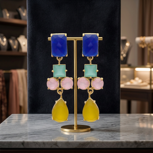 Boucles d'oreilles pendantes ethniques multicolores en pierres précieuses, bleues, vertes, roses, jaunes, plaquées or, pour fiançailles, mariage, fête - Product Image 3