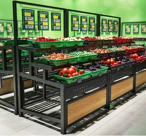 Supermercato rivestimento in polvere 3 tier acciaio legno espositore scaffali per frutta e verdura