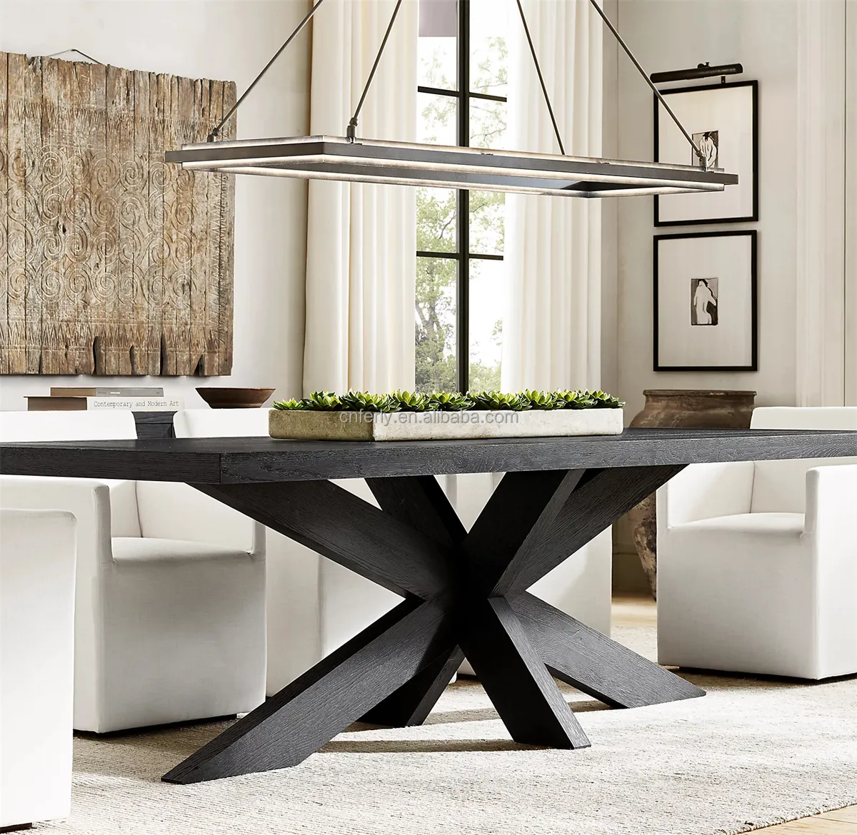 Mesa de comedor de madera sólida, mesa de comedor rectangular de estilo francés moderno, base X, 8 piezas