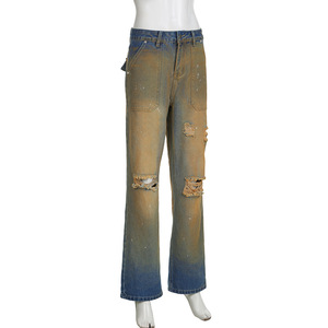 High <strong>Waist</strong> Hollow Out Vintage Retro Printed Color <strong>Jeans</strong> Trousers Straight Denim Pants for <strong>Women</strong> Summer Street Wear - Product Image 2